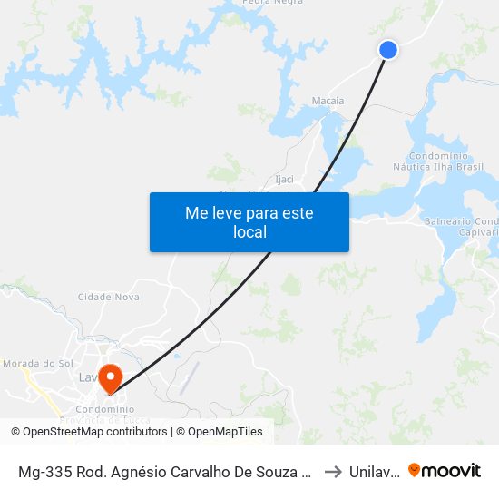 Mg-335 Rod. Agnésio Carvalho De Souza Km 69,6 Sul to Unilavras map