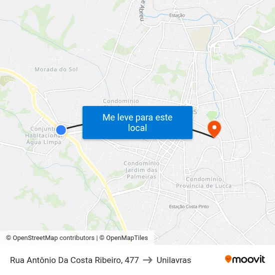 Rua Antônio Da Costa Ribeiro, 477 to Unilavras map