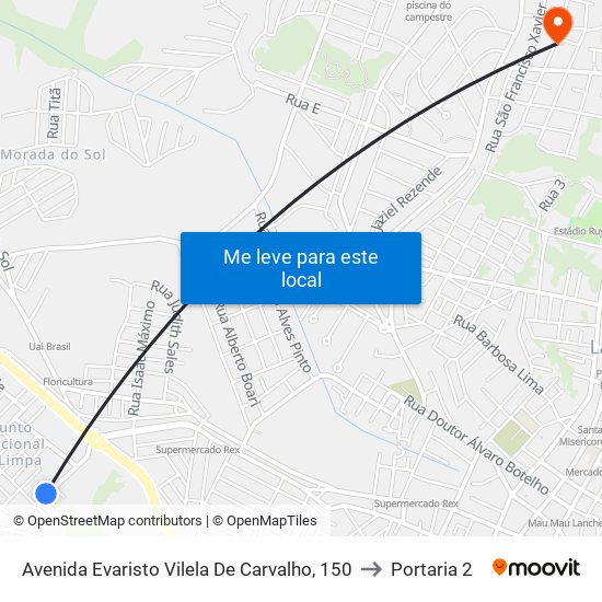 Avenida Evaristo Vilela De Carvalho, 150 to Portaria 2 map