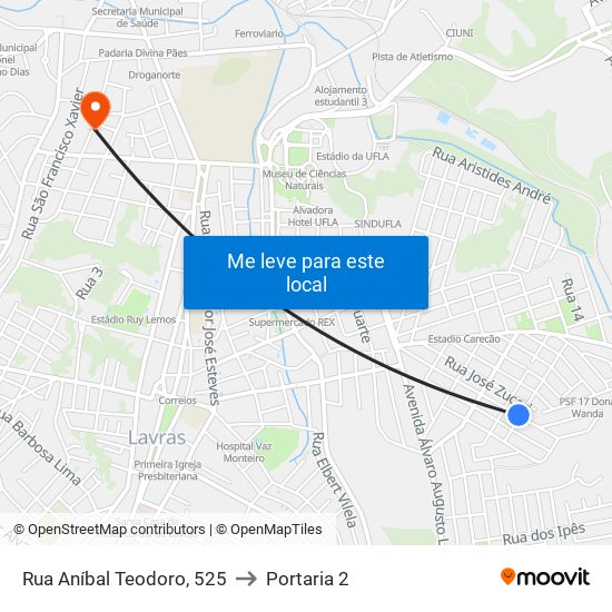 Rua Aníbal Teodoro, 525 to Portaria 2 map