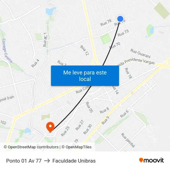 Ponto 01 Av 77 to Faculdade Unibras map