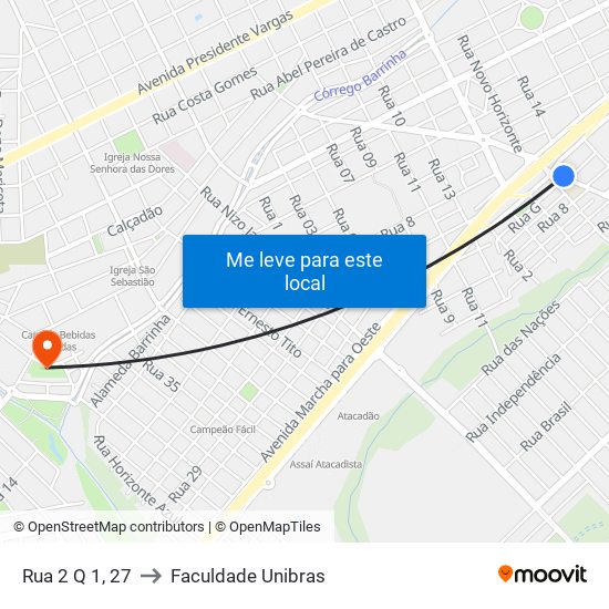 Rua 2 Q 1, 27 to Faculdade Unibras map