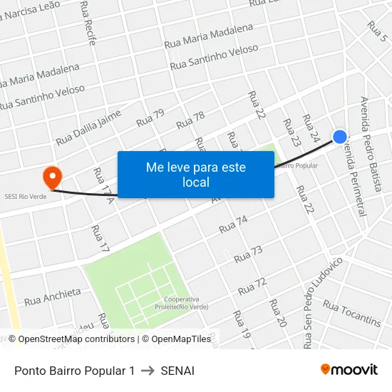 Ponto Bairro Popular 1 to SENAI map