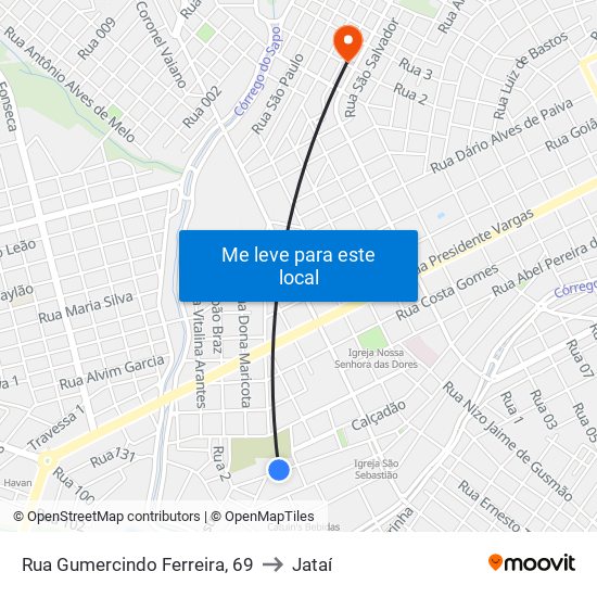 Rua Gumercindo Ferreira, 69 to Jataí map