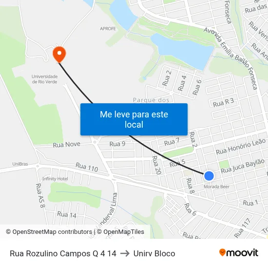 Rua Rozulino Campos Q 4 14 to Unirv Bloco map