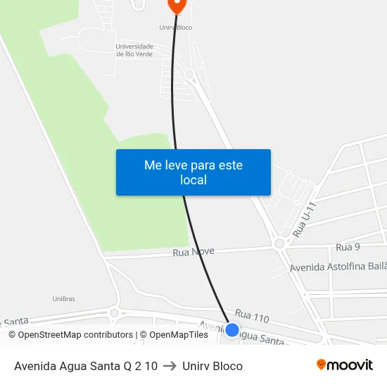 Avenida Agua Santa Q 2 10 to Unirv Bloco map