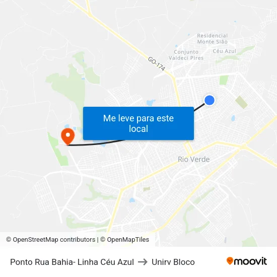 Ponto Rua Bahia- Linha Céu Azul to Unirv Bloco map