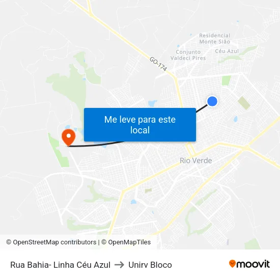 Rua Bahia- Linha Céu Azul to Unirv Bloco map