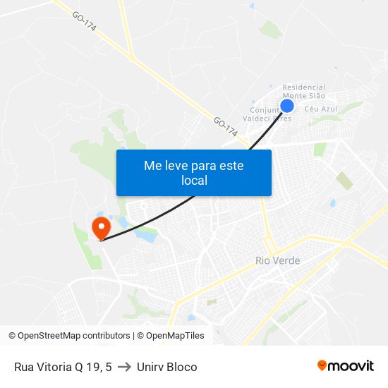 Rua Vitoria Q 19, 5 to Unirv Bloco map