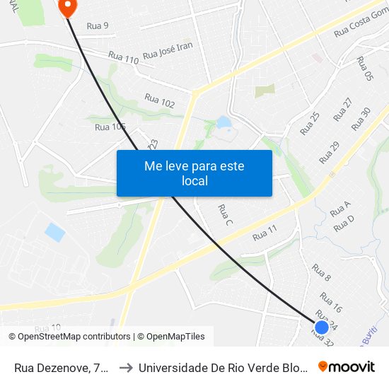 Rua Dezenove, 711 to Universidade De Rio Verde Bloco map