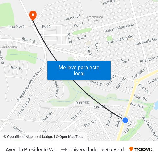 Avenida Presidente Vargas 23 to Universidade De Rio Verde Bloco map