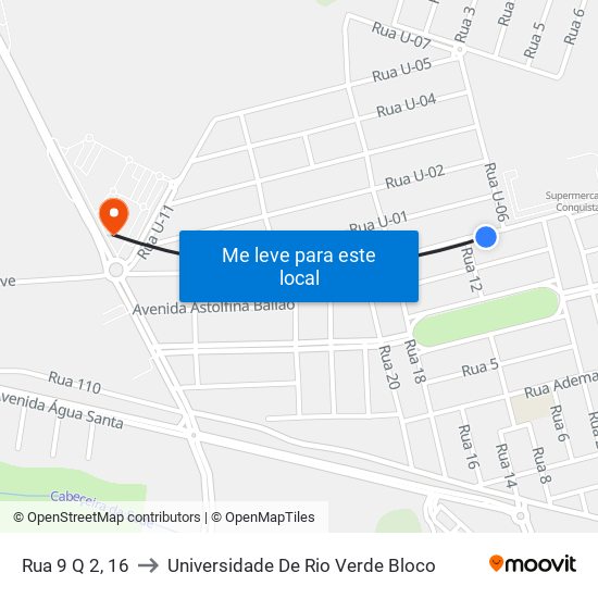 Rua 9 Q 2, 16 to Universidade De Rio Verde Bloco map