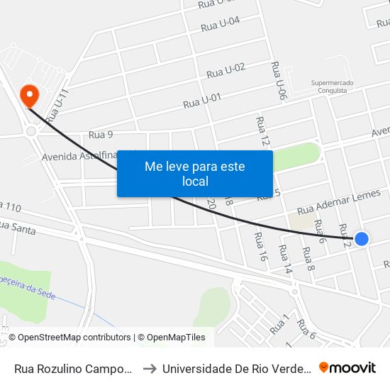Rua Rozulino Campos, 210 to Universidade De Rio Verde Bloco map