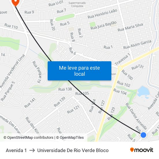 Avenida 1 to Universidade De Rio Verde Bloco map