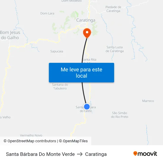 Santa Bárbara Do Monte Verde to Caratinga map