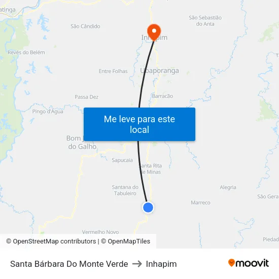 Santa Bárbara Do Monte Verde to Inhapim map