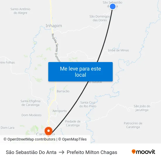 São Sebastião Do Anta to Prefeito Milton Chagas map