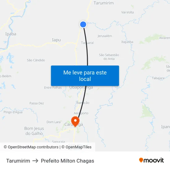 Tarumirim to Prefeito Milton Chagas map