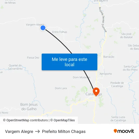 Vargem Alegre to Prefeito Milton Chagas map