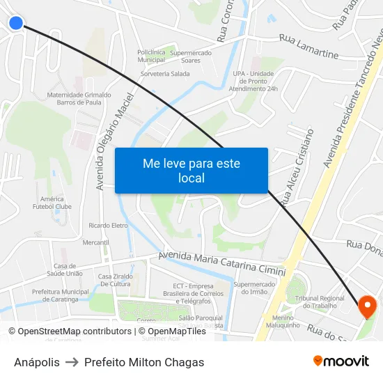 Anápolis to Prefeito Milton Chagas map
