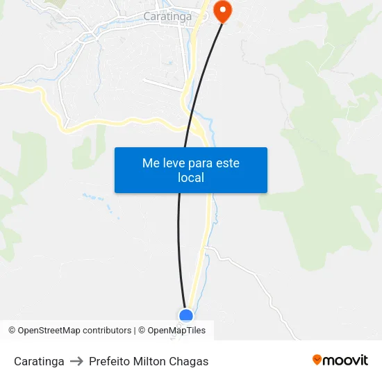 Caratinga to Prefeito Milton Chagas map