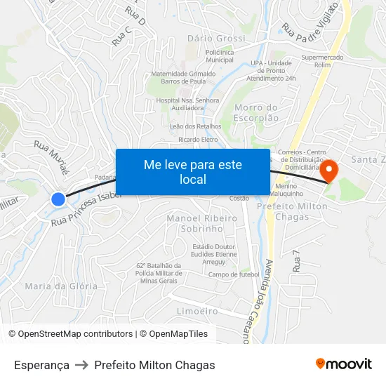 Esperança to Prefeito Milton Chagas map
