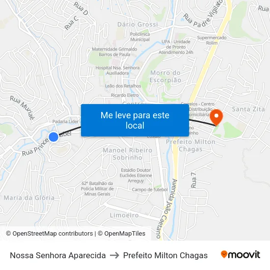 Nossa Senhora Aparecida to Prefeito Milton Chagas map