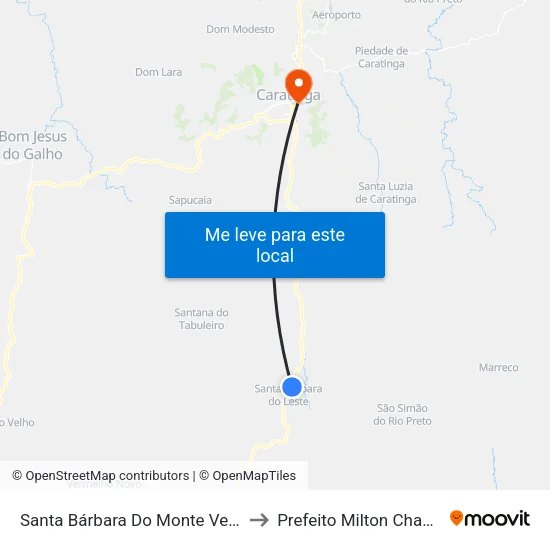 Santa Bárbara Do Monte Verde to Prefeito Milton Chagas map