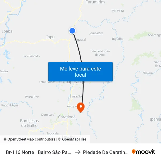 Br-116 Norte | Bairro São Paulo to Piedade De Caratinga map
