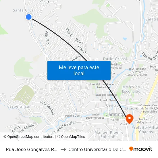 Rua José Gonçalves Rodrigues, 1710 to Centro Universitário De Caratinga - Unec I map