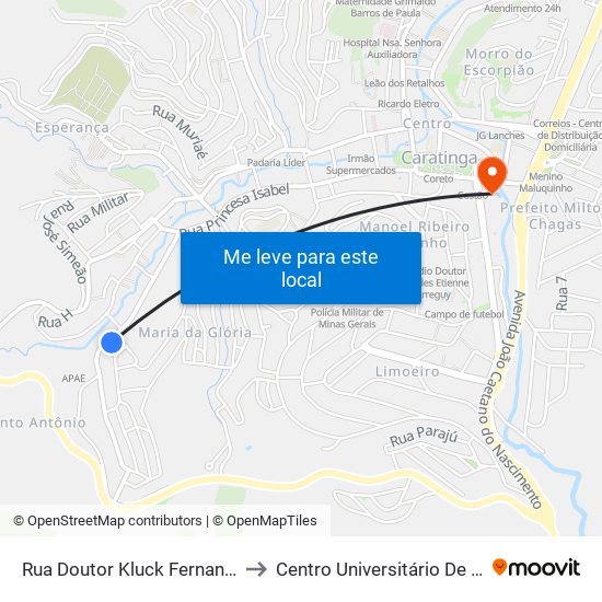 Rua Doutor Kluck Fernandes De Oliveira, 53 to Centro Universitário De Caratinga - Unec I map