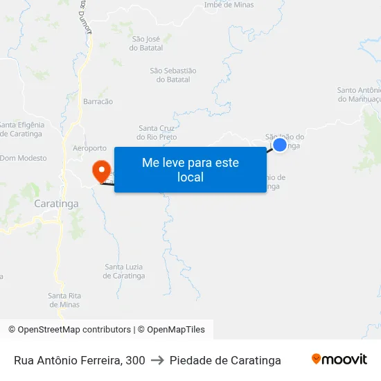 Rua Antônio Ferreira, 300 to Piedade de Caratinga map