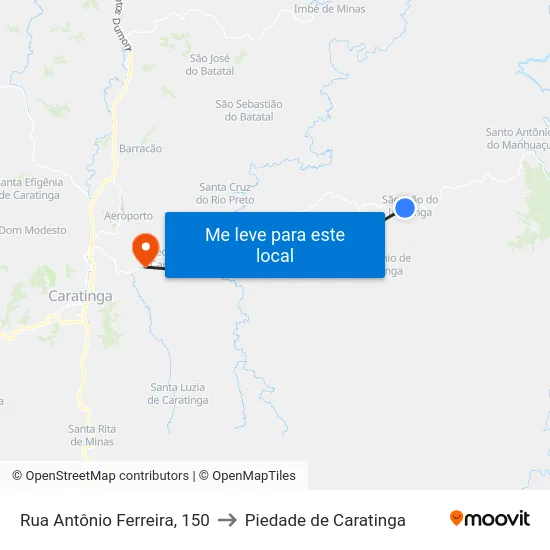 Rua Antônio Ferreira, 150 to Piedade de Caratinga map