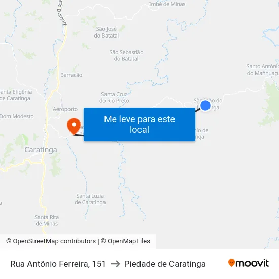 Rua Antônio Ferreira, 151 to Piedade de Caratinga map