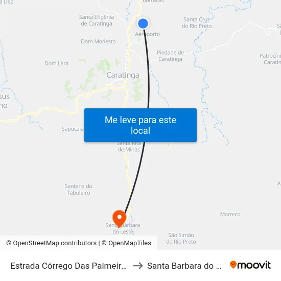 Estrada Córrego Das Palmeiras, Sul to Santa Barbara do Leste map