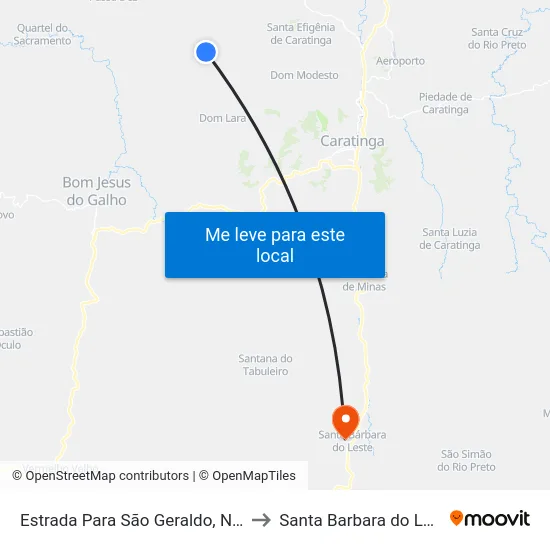 Estrada Para São Geraldo, Norte to Santa Barbara do Leste map