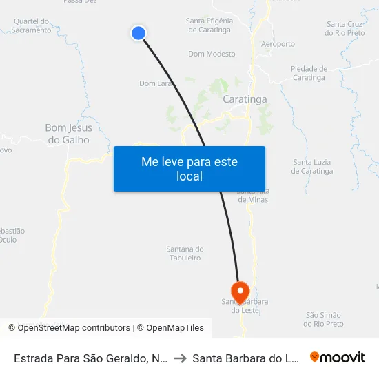 Estrada Para São Geraldo, Norte to Santa Barbara do Leste map