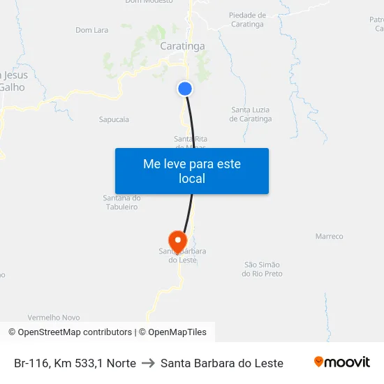 Br-116, Km 533,1 Norte to Santa Barbara do Leste map