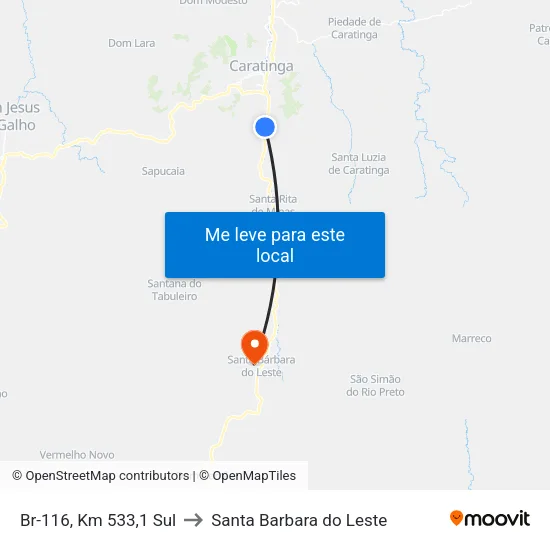 Br-116, Km 533,1 Sul to Santa Barbara do Leste map