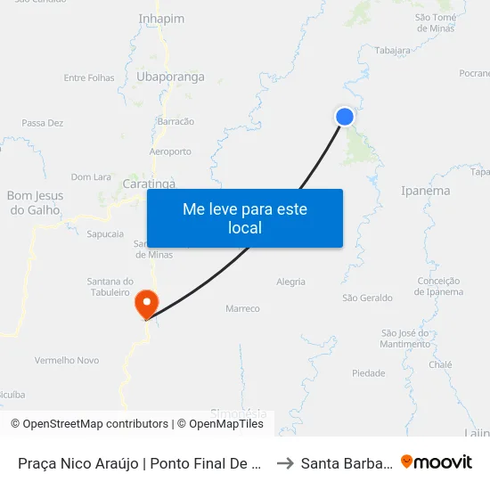 Praça Nico Araújo | Ponto Final De Santo Antônio Do Manhuaçu to Santa Barbara do Leste map
