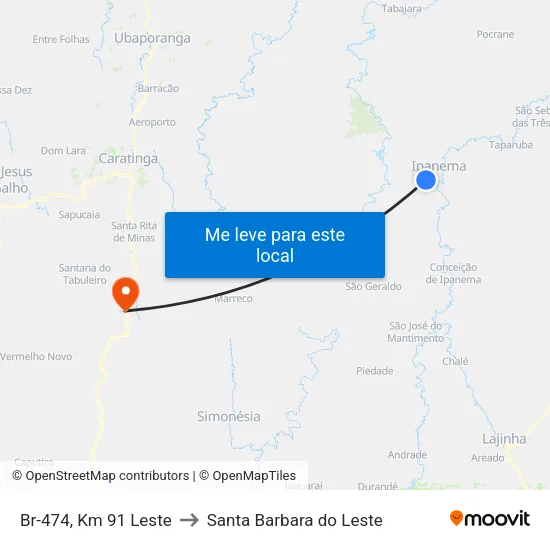 Br-474, Km 91 Leste to Santa Barbara do Leste map