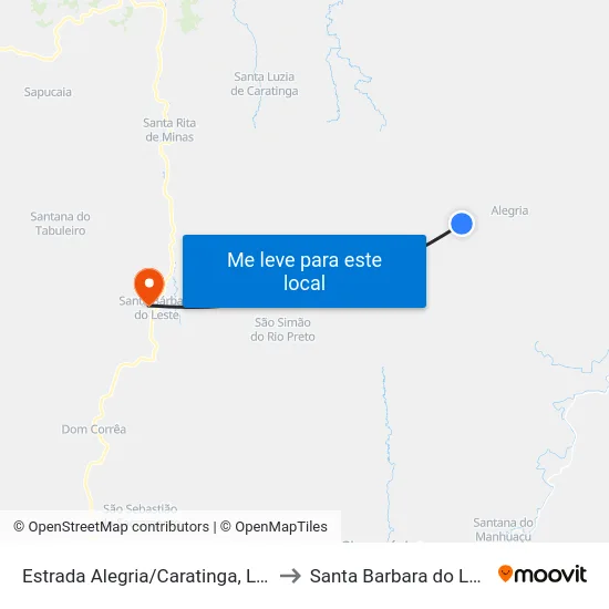 Estrada Alegria/Caratinga, Leste to Santa Barbara do Leste map
