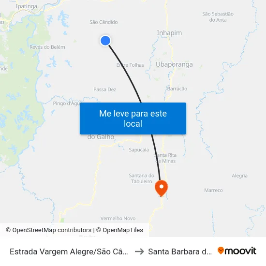 Estrada Vargem Alegre/São Cândido, Norte to Santa Barbara do Leste map