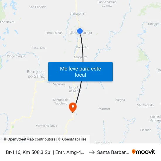 Br-116, Km 508,3 Sul | Entr. Amg-4025 Para Imbé De Minas to Santa Barbara do Leste map