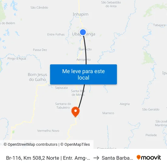 Br-116, Km 508,2 Norte | Entr. Amg-4025 Para Imbé De Minas to Santa Barbara do Leste map