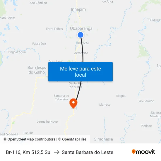 Br-116, Km 512,5 Sul to Santa Barbara do Leste map