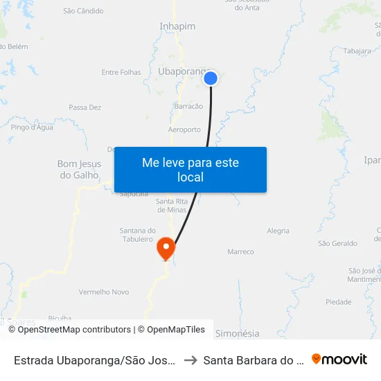 Estrada Ubaporanga/São José, Oeste to Santa Barbara do Leste map