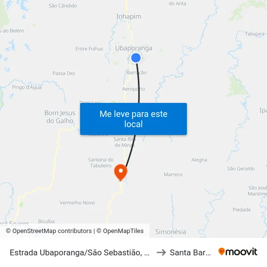 Estrada Ubaporanga/São Sebastião, Oeste | Entr. Para São José Do Batatal to Santa Barbara do Leste map