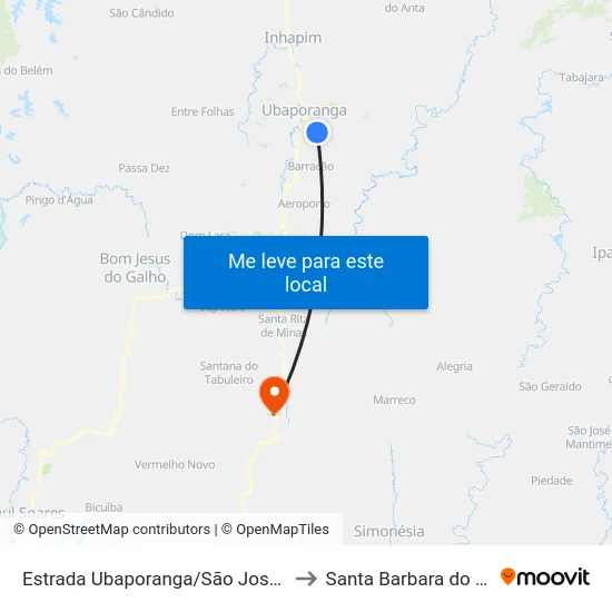 Estrada Ubaporanga/São José, Leste to Santa Barbara do Leste map