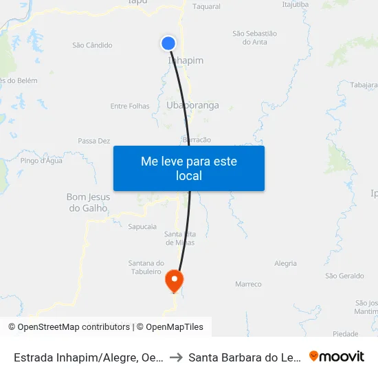 Estrada Inhapim/Alegre, Oeste to Santa Barbara do Leste map